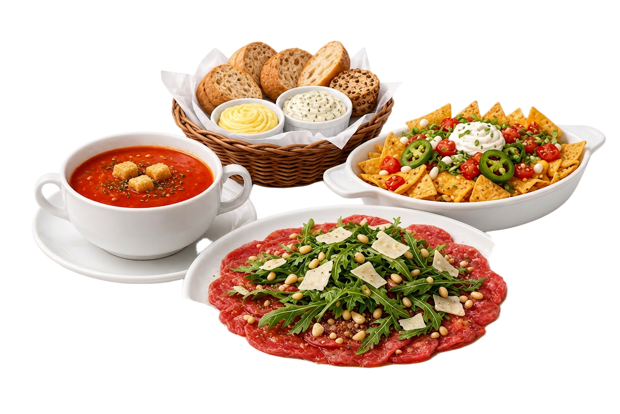 Tomatensoep, brood met smeersels, nacho's en carpaccio